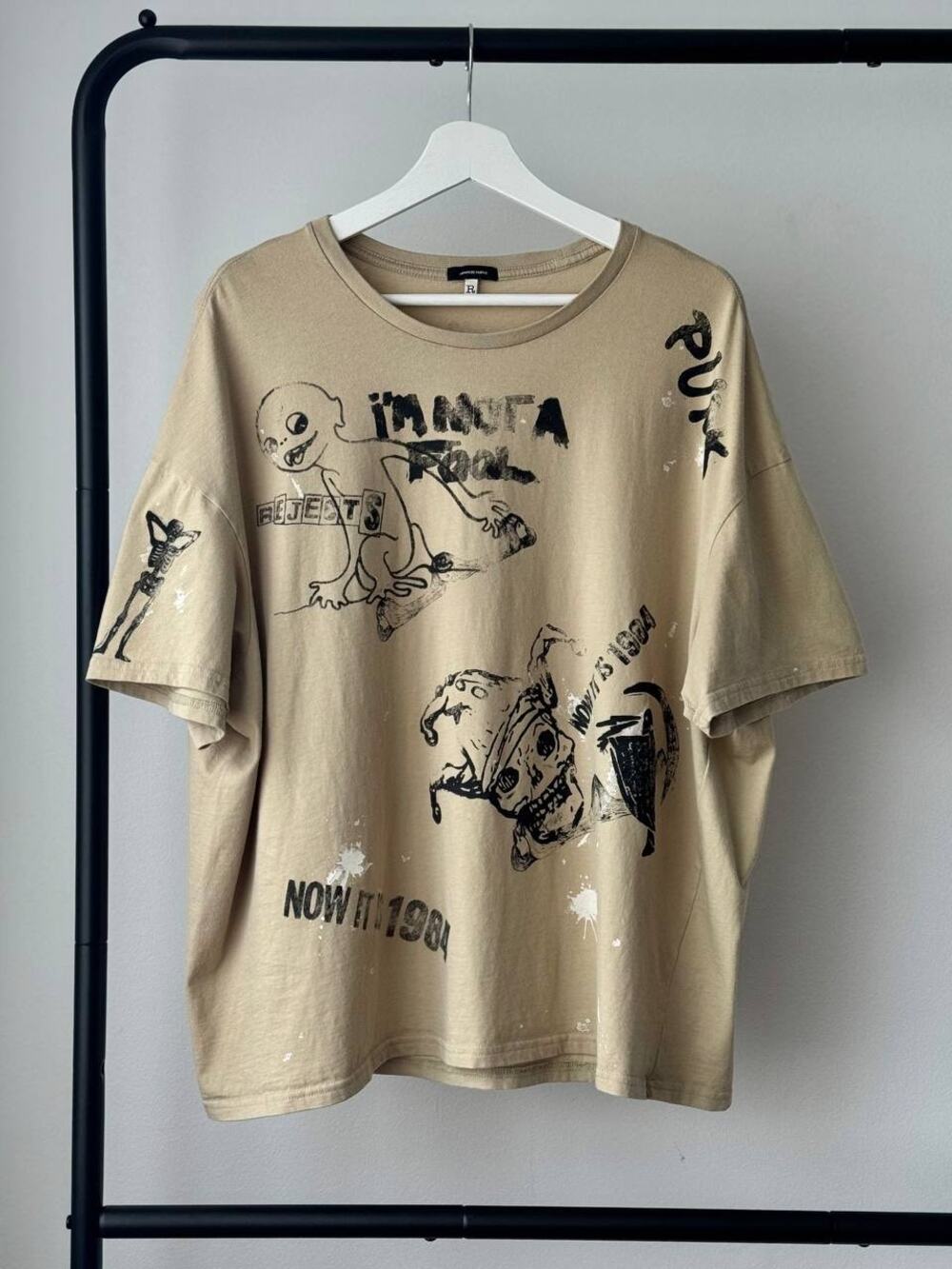 R13 Relaxed Boxy Stamp Punk Graphic Beige Tee